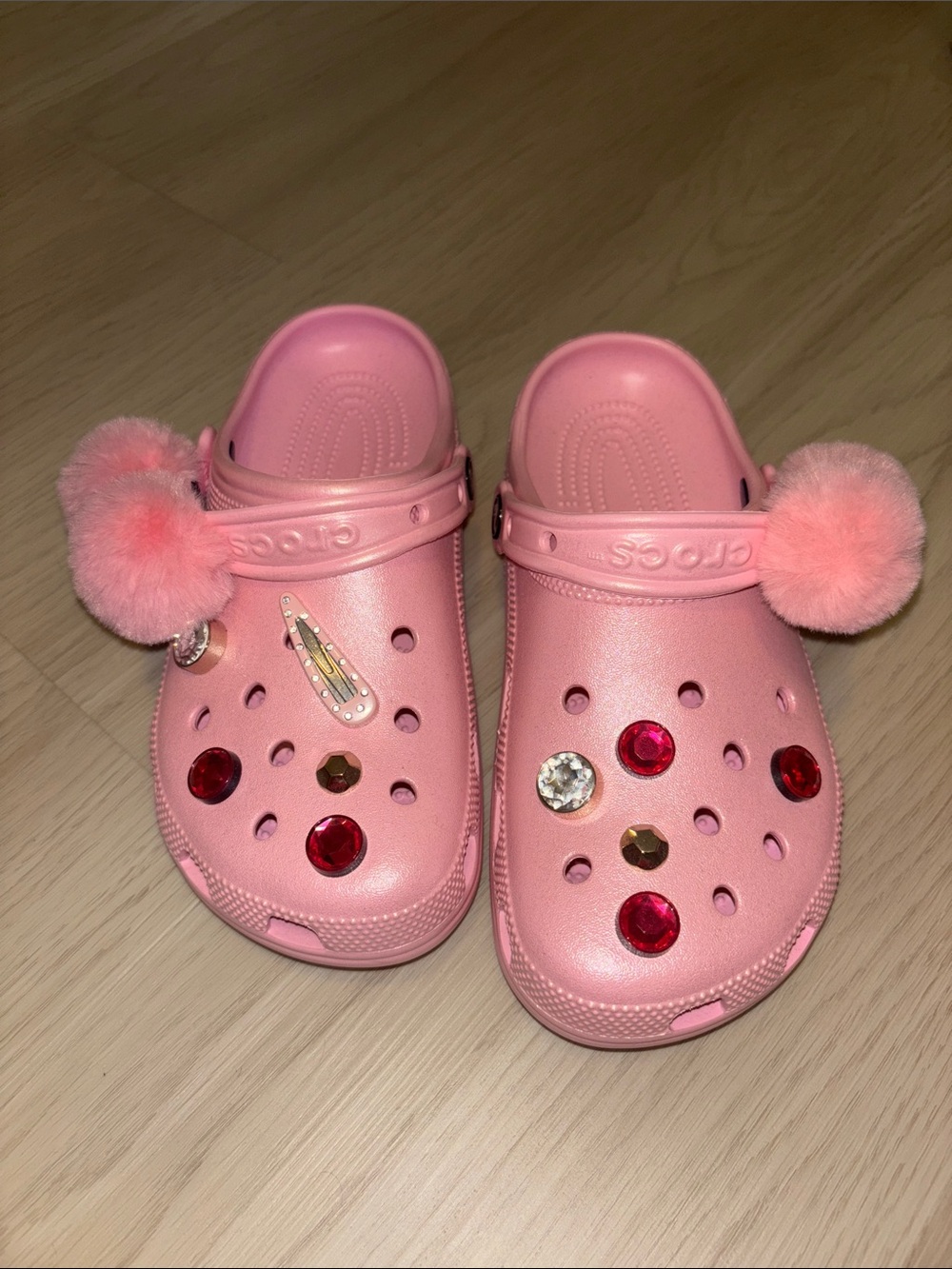 CROCS Pink Clogs with Pom-Pom and Jewel Charms